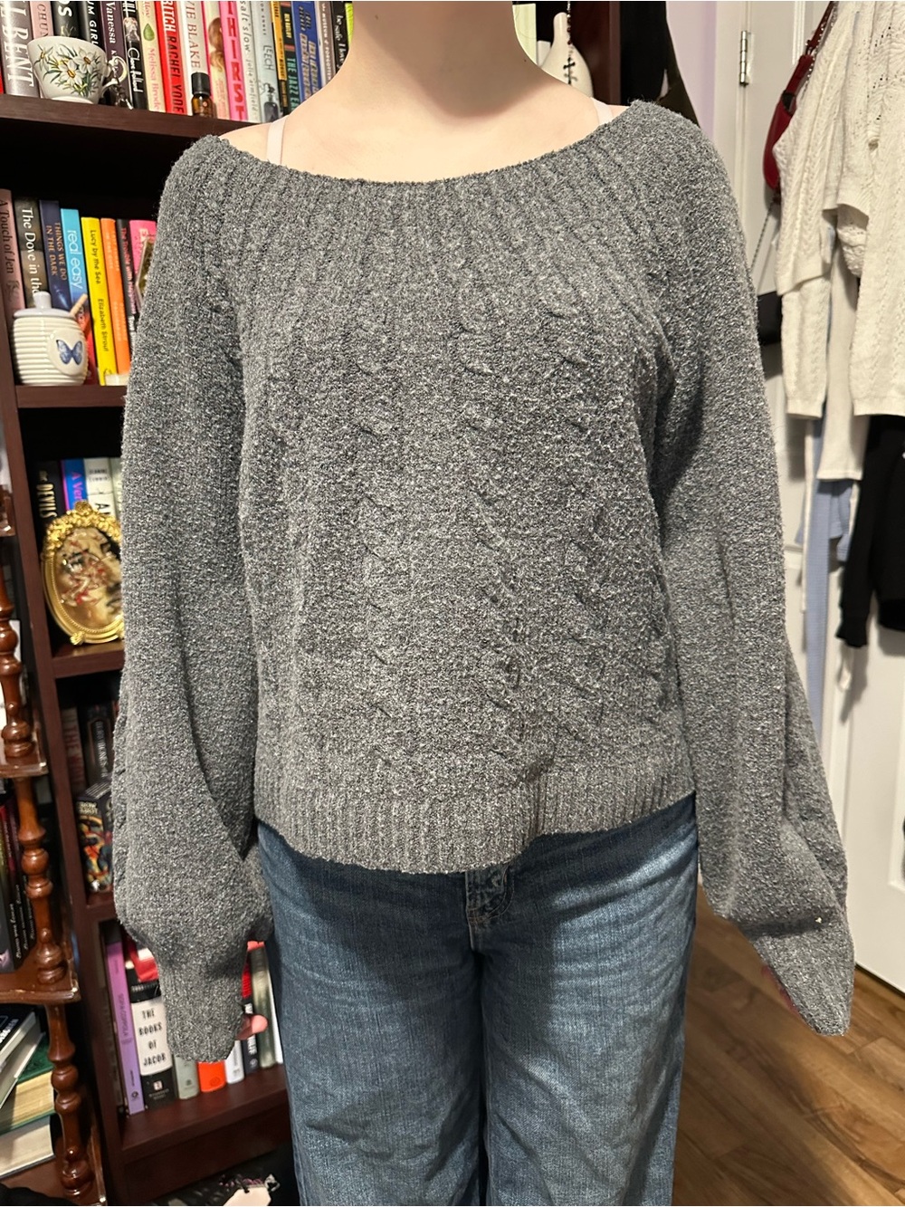Aeropostale Gray Off-the-Shoulder Cable Knit Sweater